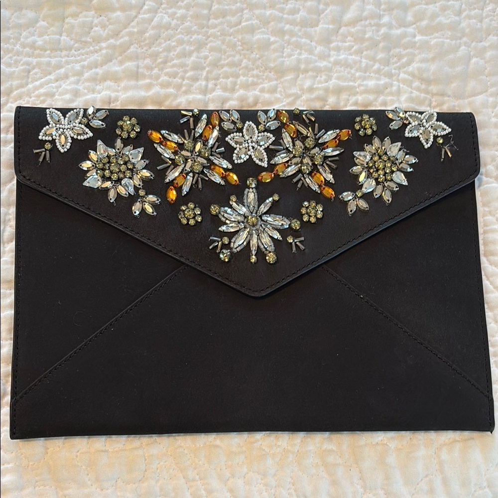 Rebecca Minkoff Black Envelope Clutch, Beaded & Jeweled with Magnet Closure